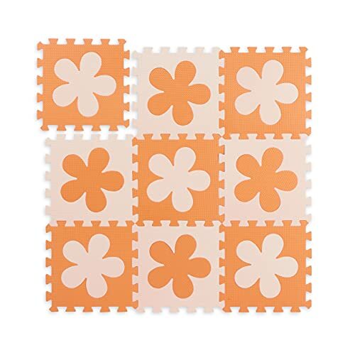 Relaxdays 10037471_1360 puzzelmat bloemenpatroon, 9 delen, schuimrubber, vrij van schadelijke stoffen, speelonderlegger 91,5 x 91,5 cm, oranje-beige