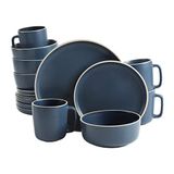 Gibson Home Zuma 16-delig rond keukenservies voor 4 personen, borden, kommen, kopjes, van mat aardewerk, blauw