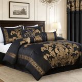 Chezmoi Collection 7-delige Royale Jacquard Floral Trooster Set, Volledig/Double, Zwart/Goud