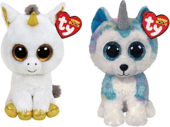 Ty Beanie Boo's - Pegasus Unicorn & Helena Husky - Knuffel - Pluche - Meerkleurig
