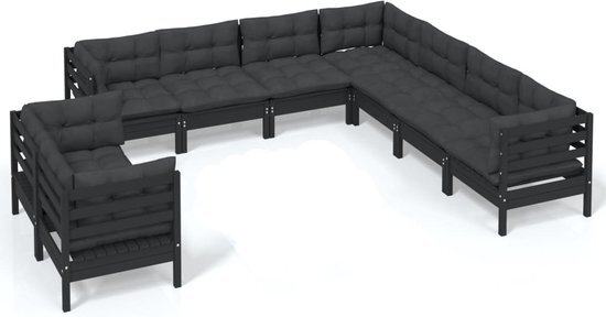 vidaXL 9-delige Loungeset met kussens massief grenenhout zwart