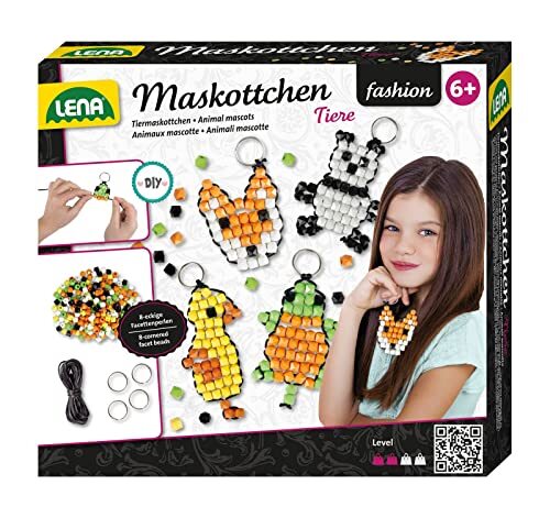 Lena 42547 knutselset voor 4 mascottedieren, complete set voor 4 geluksbrengers/sleutelhangers met 250 trendy rijgkralen, zwart koord, 4 ringen en instructies, meerkleurig