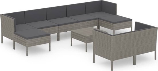 vidaXL 10-delige Loungeset met kussens poly rattan grijs