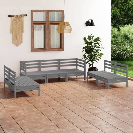 The Living Store Tuinset Grenenhout - Grijs - 5x Middenbank + 2x Hoekbank - 63.5x63.5x62.5 cm