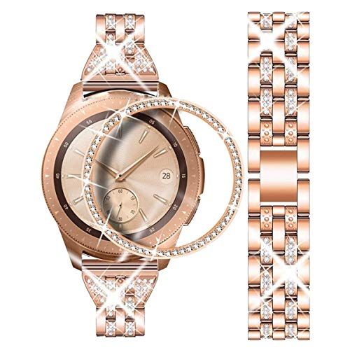 DEALELE Band Compatibel met Samsung Gear Sport/Galaxy Watch 42mm / Galaxy 4 Classic 42mm, 20mm Strass Diamanten Metalen Armband met Bezel Ring Case Cover Vervanging voor Vrouwen Mannen, Rose goud