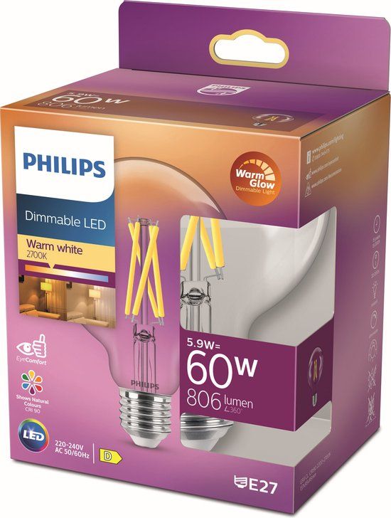 Philips LED Globe - E27 - 6W - Dimmable - Warm White