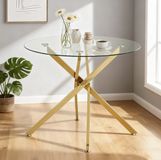 STILVORA Ronde Glazen Eettafel met Gouden X-Poot - 80x80x76 cm