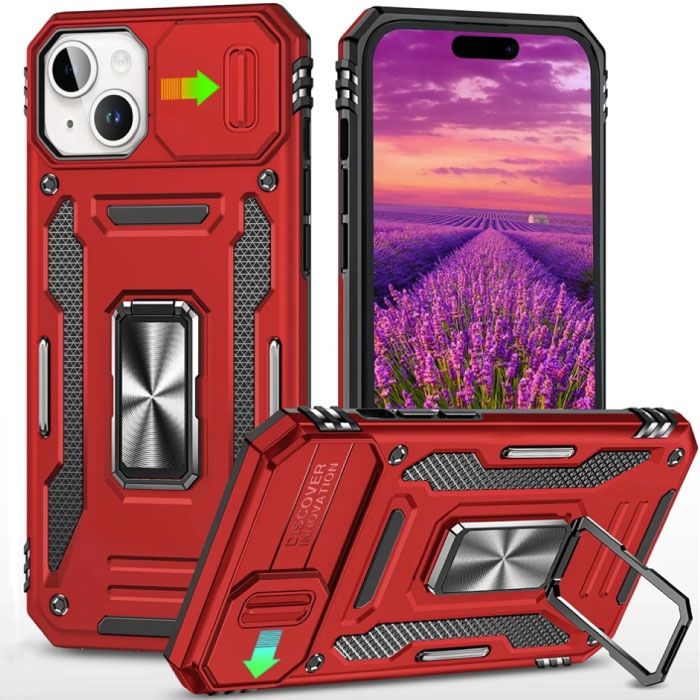 iPhone 15 Pro Max - Armor Case with Kickstand and Camera Slide - Red