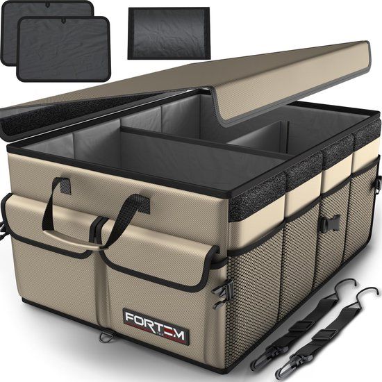 FORTEM Kofferbakorganizer, Kofferbaktas, Opvouwbare Auto-organizer Kofferbak met Opbergvakken, Antislipbodem, Verstelbare Bevestigingsriemen, Opvouwbaar Deksel (Beige)