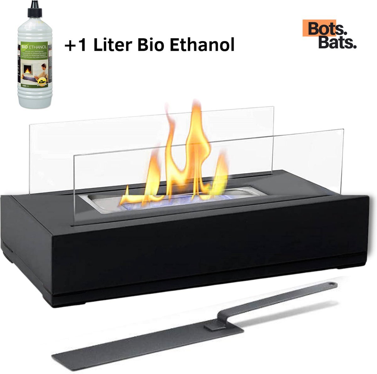 BotsBats BotsBats® Bio Ethanol Sfeerhaard – 35cm Lang - Inclusief 1000ml Bio-ethanol - Mat Zwart – Tafelhaard Vrijstaand – Terrashaard – Tafelbrander Voor Binnen en Buiten gebruik – Interieur Cadeau