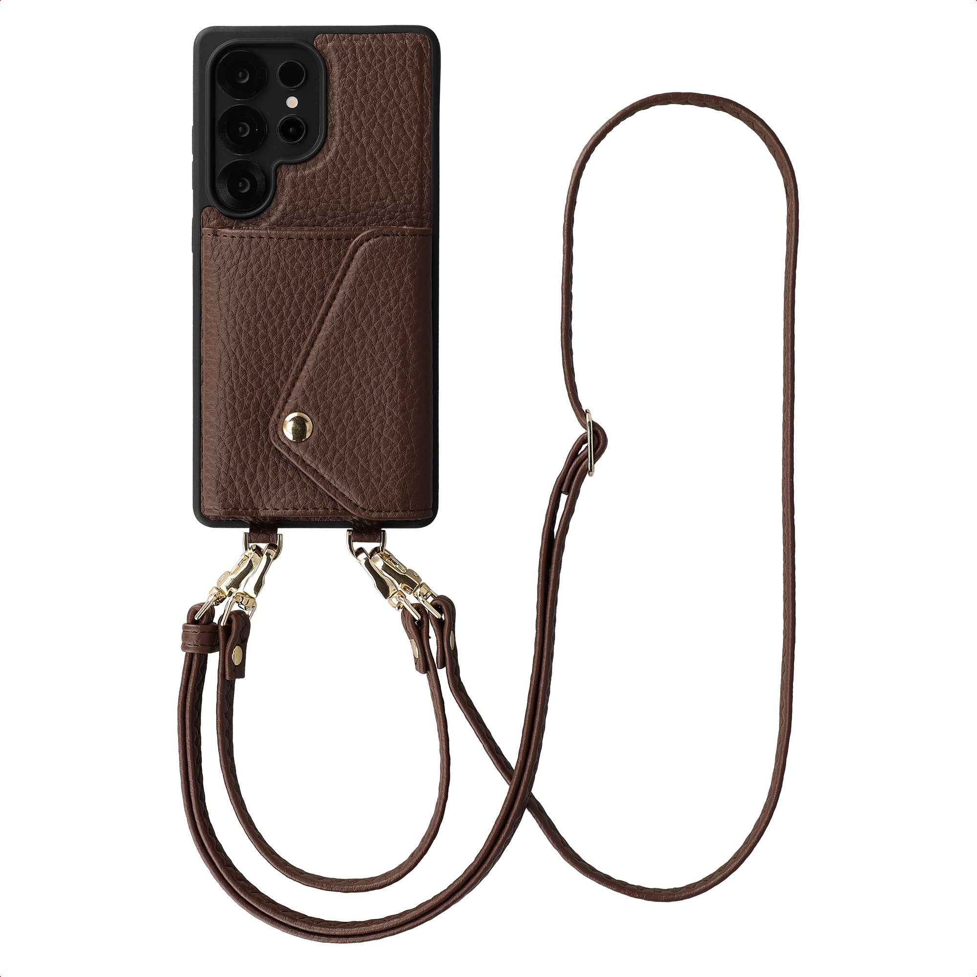 Selencia Sera Telefoonhoes met Koord en Envelop Pashouder voor de Samsung Galaxy S25 Ultra - Chocolate Brown
