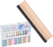 Merkloos Voordelige krijtbord wisser 12 cm van hout - Met 24x gekleurde krijtjes - schoolbord beschrijven