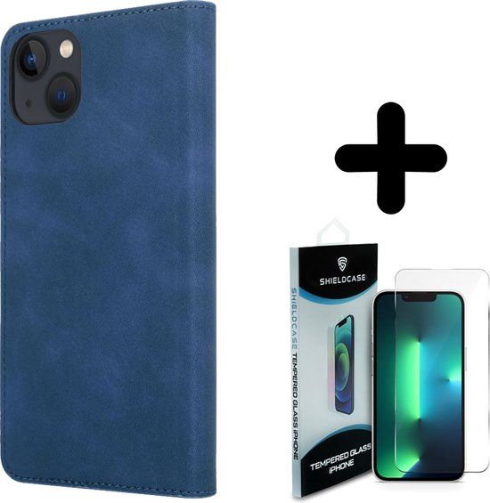 Coverzs iPhone 14 Plus Case - Blue Leather Bookcase with Screen Protector
