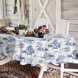 Rustiek ovaal tafelkleed 152 x 213 cm, blauw en wit landelijk tafelkleed, klassiek Frans dorp print polyester waterdicht tafelkleed voor boerderij, keuken, decoratie/binnen- en