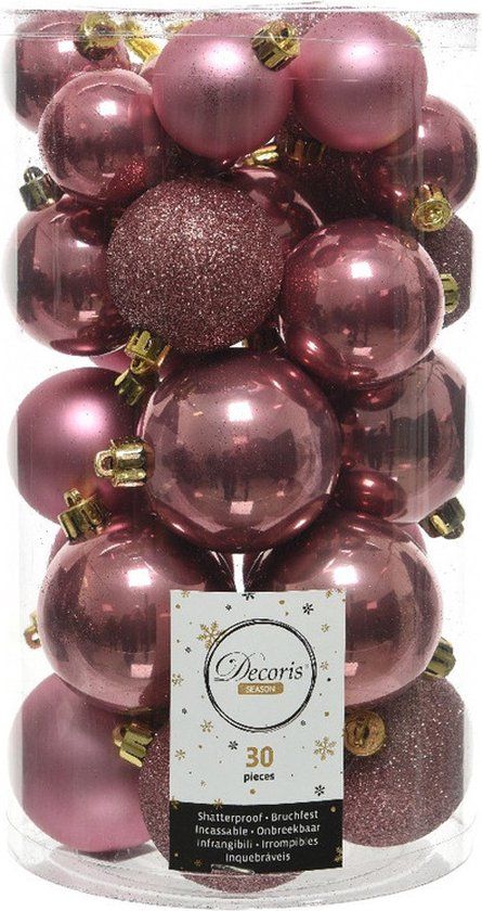Decoris Kerstballenset - 30 stuks - 4/5/6cm - Kunststof - Oudroze/Roze