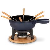 La Fonderie 1890, Fondueset, gietijzer, voor 6 personen, kaas- en chocoladefondue, 6 vorken met beukenhouten handgrepen, sokkel van natuurlijk hout, inhoud 1,8 l