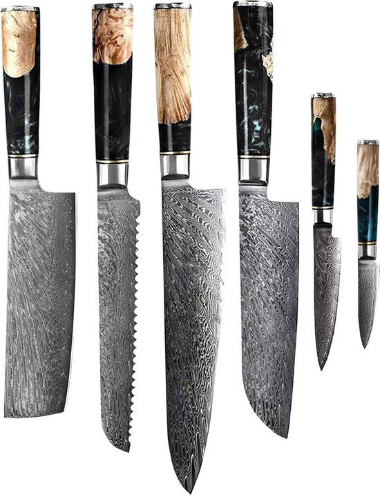Shinrai Japan Shinrai Knives Messenset - 6 delig - Koksmes - Japans Design - Damast Epoxy Onyx - Met Luxe Geschenkdoos