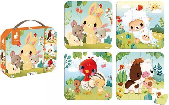 Janod Kartonnen puzzel - 4 Boerderij Puzzels 6, 9, 12 en 16 Stukjes