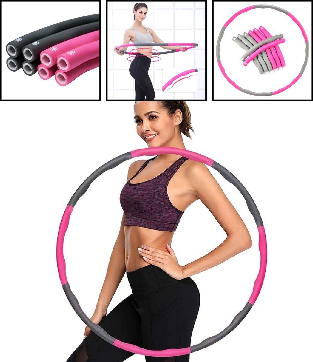 LOUZIR 8 delige Fitness Hoela Hoop - Sport Hoepel - Hula Hoep - Yoga Ring - Heup Shaper - Roze, Zwart/Grijs