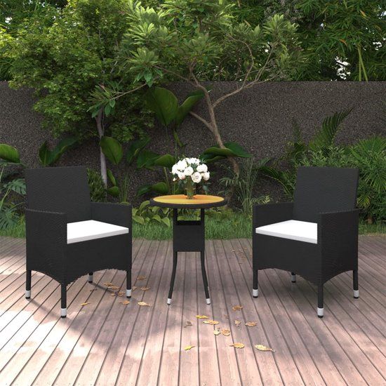 The Living Store Tuinset - Zwart Poly Rattan - 2 Stoelen - Crèmewit Kussen