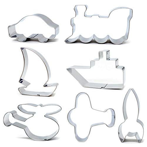 JSONA Transport Cookie Cutter Set, 7 stuks - Cookie Cutter Trein Cookie Cutter Auto Vliegtuig Raket Boot Zeilboot Sandwich Cutter Trein - Roestvrij Staal