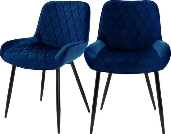 ML-Design Eetkamerstoel met ruitpatroon set van 2 donkerblauwe fluwelen bekleding met metalen poten