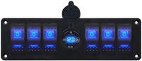 ProRide Schakelpaneel 12V voor Auto/Boot - USB Stopcontact 2 Poorten met Schakelaar en Voltmeter - QC3.0 - 6 schakelaars - Blauw
