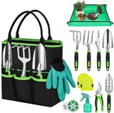 Ibenzoa® 12-delige tuingereedschapset voor hobbytuiniers – gereedschap van aluminiumlegering met ergonomische TPR-handgrepen, draagtas, kniekussen, handschoenen, 20 meter binddraad, 75x75 cm mat