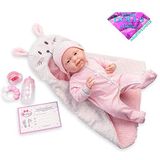 JC TOYS Newborn pop voor pasgeborenen, 38 cm, van zacht vinyl, met rompertje en 5 accessoires, roze, ontworpen in Spanje door Berenguer, vanaf 2 jaar