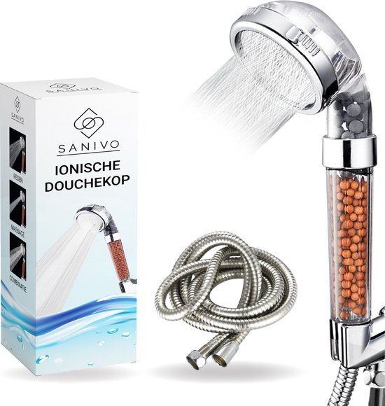 Sanivo Waterbesparende Douchekop Ionische Douchekop incl. Doucheslang – Douchefilter - Waterfilter - Handdouche - met Mineraalstenen - Hogedruk Douchekop – Transparant – Incl. Microvezeldoek en Doucheslang