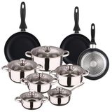 Well Home Set de cuisine, 12 pièces, acier inoxydable + 3 casseroles, Ø 16 x 20 x 24 cm, noir, en aluminium pressé