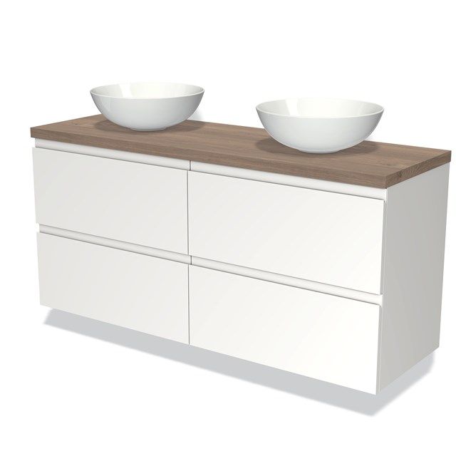 Maxaro Badkamermeubel Modulo Plato 140cm - Mat Wit - 4 Lades - Greeploos - Middenbruin Eiken Blad