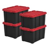 Iris Ohyama, 21L kunststof Garage-opbergbox, Set van 4, Garage, Zolder, DDSKT-210, Zwart/Rood, B46,5 x D29,5 x H25,5 cm