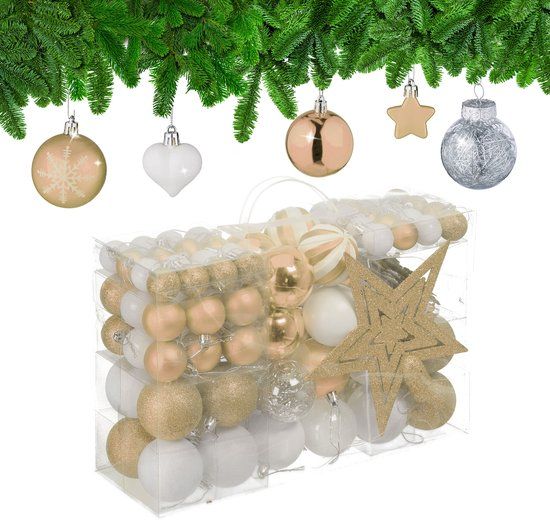 Relaxdays Kerstballen set van 101 stuks, kunststof, onbreekbaar, champagne/wit