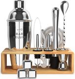 BarDeluxe® Cocktail Set - 13-Delig - Cocktailshaker 750 ml met Bamboe Standaard, Receptenboek & Whiskey Stones - Luxe Cadeauverpakking