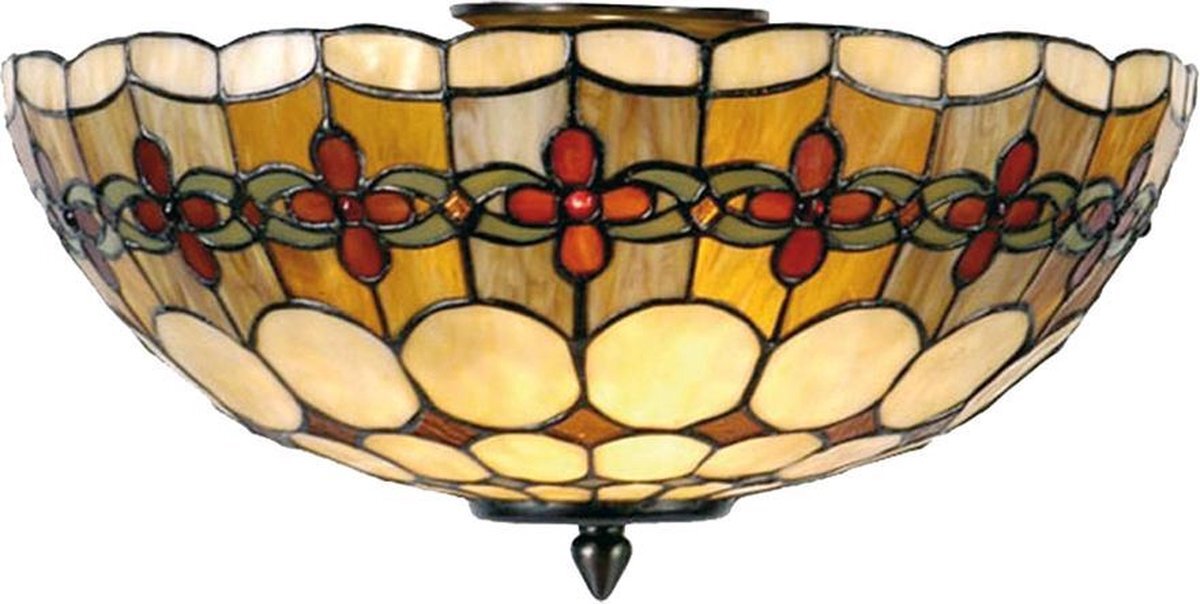 Lumilamp Plafondlamp Tiffany Ø 40x24 cm Beige Rood Metaal Glas Halfrond Roos Plafonniere Glas in Lood