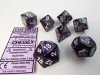 Chessex dobbelstenen set 7 polydice Gemini purple-steel w/white