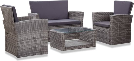 vidaXL 4-delige Loungeset met kussens poly rattan grijs