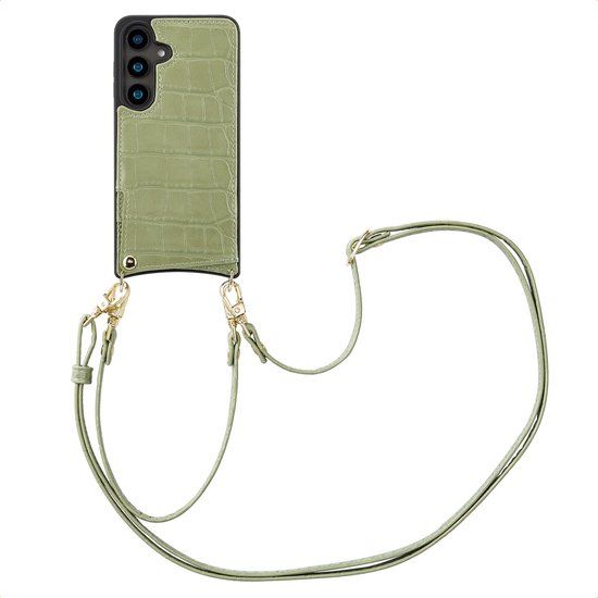Selencia Hoesje - Geschikt voor Samsung Galaxy S24 - Croco Backcover met koord en pashouder - Sage Green