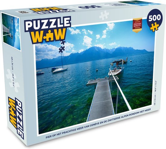 MuchoWow Puzzel Pier op het meer van Genève en de Zwitserse Alpen rondom het meer - Legpuzzel - Puzzel 500 stukjes