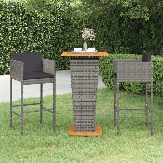 The Living Store Tuinbarset - Grijs - Houten tafelblad - PE-rattan - Stalen frame