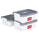Cetomo Opbergbak met deksel en handvat, draagtas organisatiecontainer met duurzaam deksel en veilige sluitgespen, stapelbaar en nestbaar, kunststof, 16 kwart-3 stuks, wit