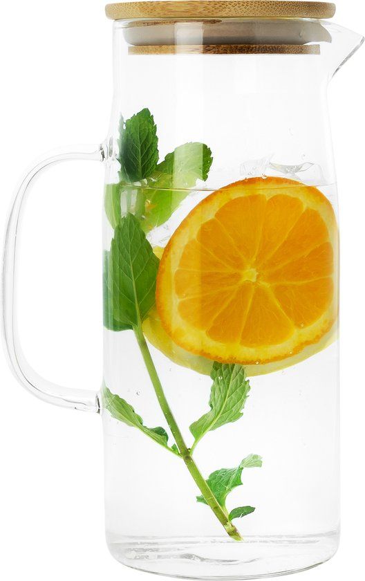 Krumble Schenkkan - Karaf - Waterfilter - Waterkan - Schenkfles - Drankdispenser - Inclusief handvat en deksel - Glas en hout - 1 Liter - 8,5 x 21 cm - Transparant en lichtbruin