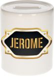 Bellatio Decorations Shoppartners Bv Spaarpot met voornaam Jerome - wit - met goud/zwart embleem - 8 x 9 cm - keramiek - met afsluitdop - cadeau verjaardag