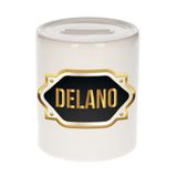 Bellatio Decorations Spaarpot met voornaam Delano - wit - met goud/zwart embleem - 8 x 9 cm - keramiek - met afsluitdop - cadeau verjaardag