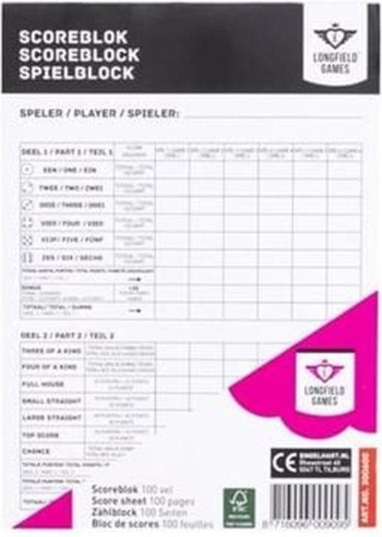 Longfield Yahtzee Scoreblok - 100 pagina's - Educatief spel - Nederlands