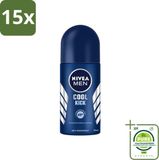 Nivea 15 x Cool Kick Men's Roll-on Deodorant - 48 Hours Long Lasting - 50 ml - Bulk Pack - Anti-perspirant - Freshness - Sweat-resistant - Cooling Scent - Masculine Scent