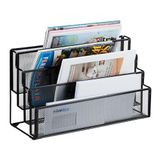 Relaxdays tijdschriftenhouder metaal, 4 vakken, brievenbak bureau, HBD: 26x45x18 cm, voor magazines en kranten, zwart