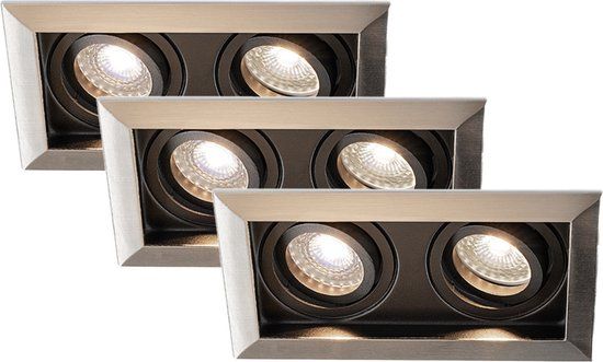 HOFTRONIC Set van 3 Durham Dubbel LED Inbouwspots vierkant RVS - GU10 - 4 Watt 690 Lumen - 4000K Neutraal wit licht - Kantelbaar - Diameter 100mm - Plafondspots