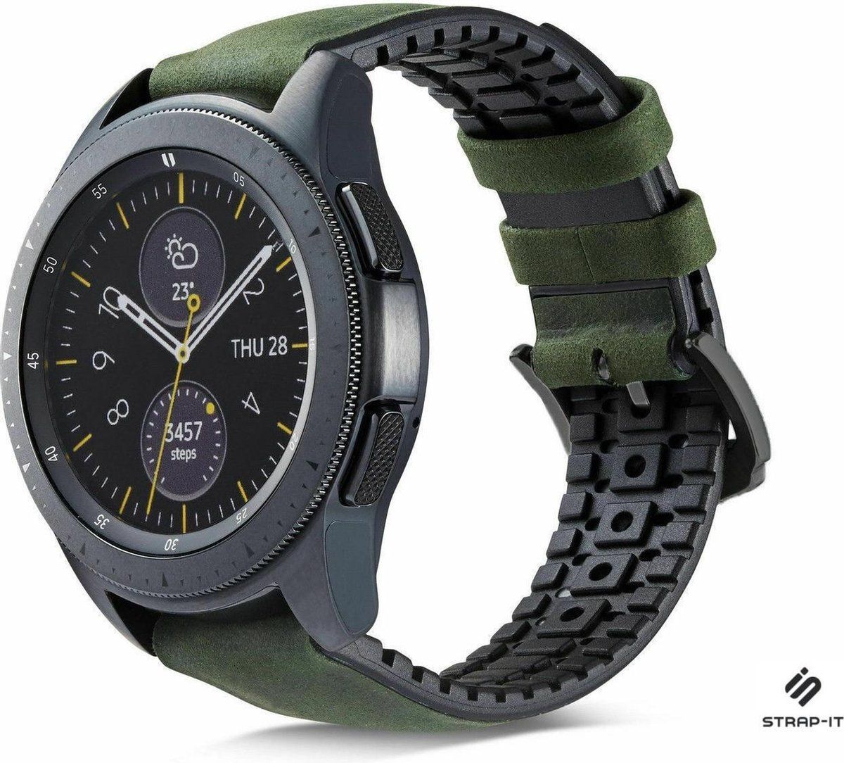 Strap-it Samsung Galaxy Watch siliconen / leren bandje 41mm / 42mm - zwart/groen